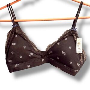 aerie NWT Floral Lace-Trim Wireless Bralette in Dark Brown with Cream Accents